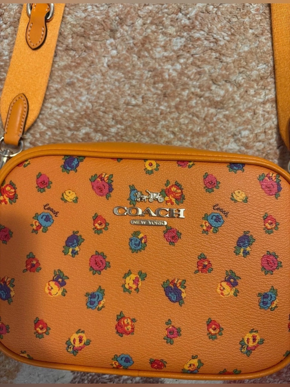 COACH Orange Floral Camera Crossbody Bag